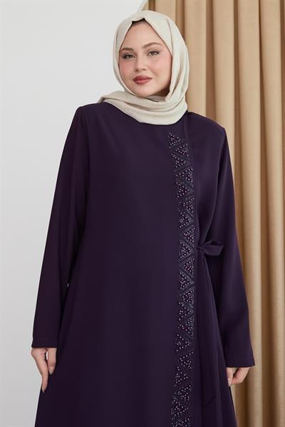 Boydan Üçgen Taşlı Mor Ferace