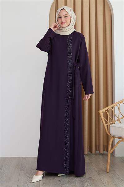 Boydan Üçgen Taşlı Mor Ferace