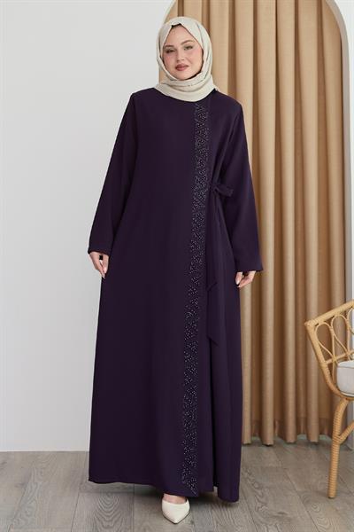 Boydan Üçgen Taşlı Mor Ferace