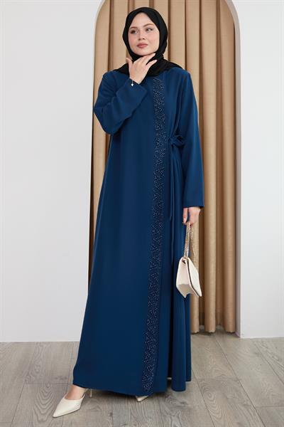 Boydan Üçgen Taşlı Saks Mavisi Ferace