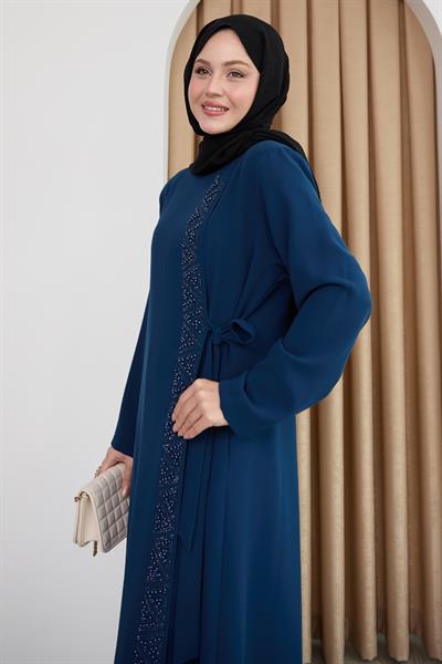 Boydan Üçgen Taşlı Saks Mavisi Ferace