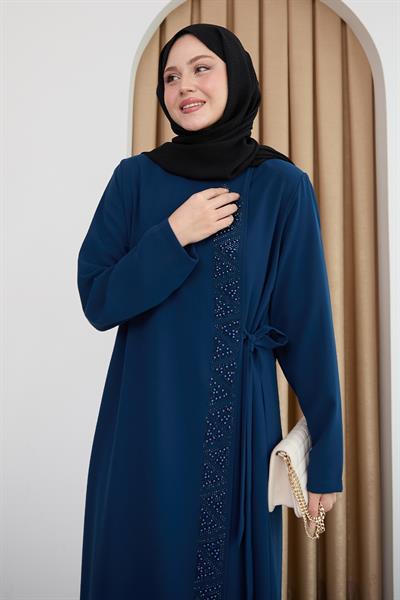 Boydan Üçgen Taşlı Saks Mavisi Ferace