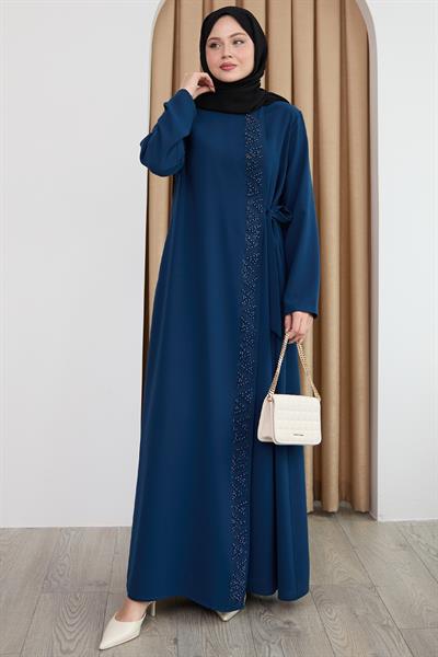 Boydan Üçgen Taşlı Saks Mavisi Ferace