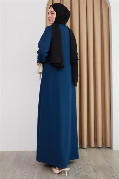 Boydan Üçgen Taşlı Saks Mavisi Ferace