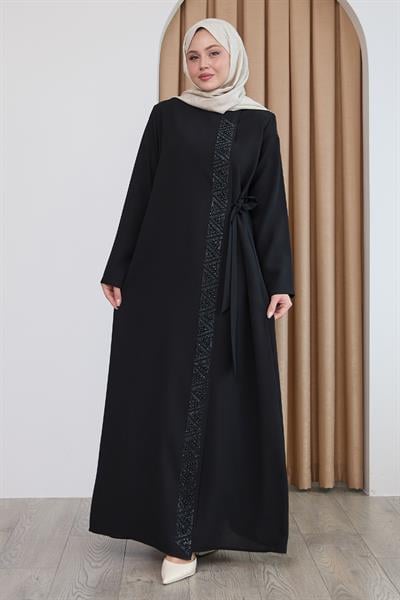 Boydan Üçgen Taşlı Siyah Ferace