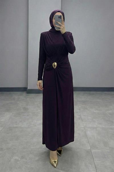 Broş Detay Büzgülü Mor Sandy Elbise