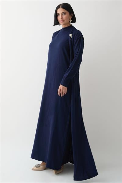 Broş Detay Yelekli Lacivert Triko Takım