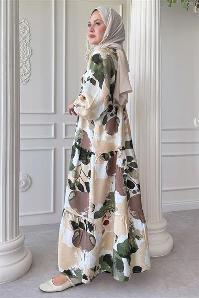 Buğulu Pastel Desen Yeşil Mango Elbise