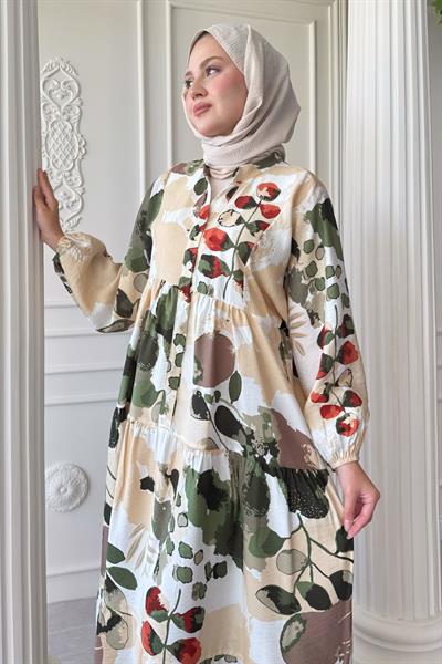 Buğulu Pastel Desen Yeşil Mango Elbise