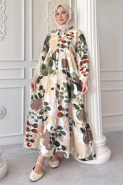 Buğulu Pastel Desen Yeşil Mango Elbise