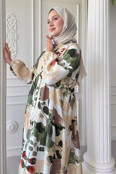 Buğulu Pastel Desen Yeşil Mango Elbise