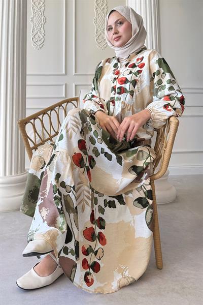 Buğulu Pastel Desen Yeşil Mango Elbise