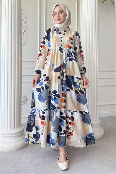 Buğulu Pastel Desenli Mavi Mango Elbise