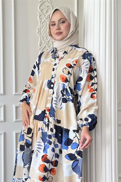 Buğulu Pastel Desenli Mavi Mango Elbise