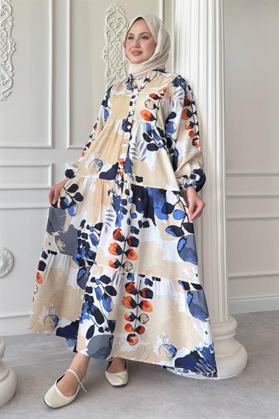 Buğulu Pastel Desenli Mavi Mango Elbise