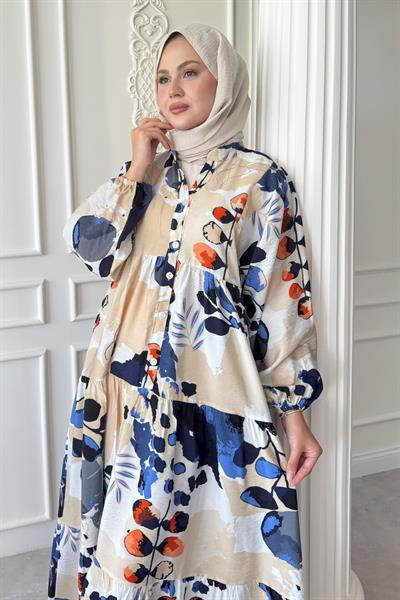 Buğulu Pastel Desenli Mavi Mango Elbise