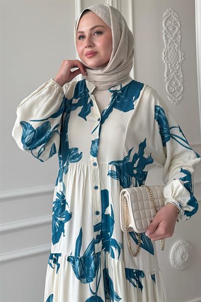 Büyük Orkide Desen Turkuaz Viskon Elbise