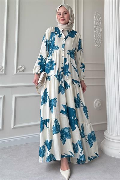 Büyük Orkide Desen Turkuaz Viskon Elbise