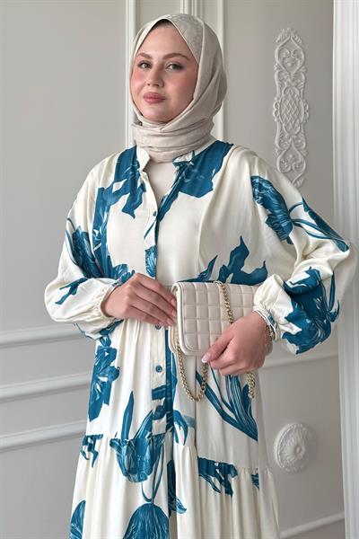 Büyük Orkide Desen Turkuaz Viskon Elbise