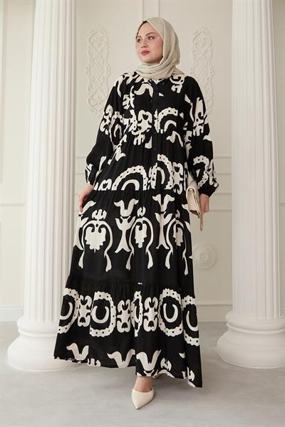 Büyük Zincir Desenli Siyah Elbise
