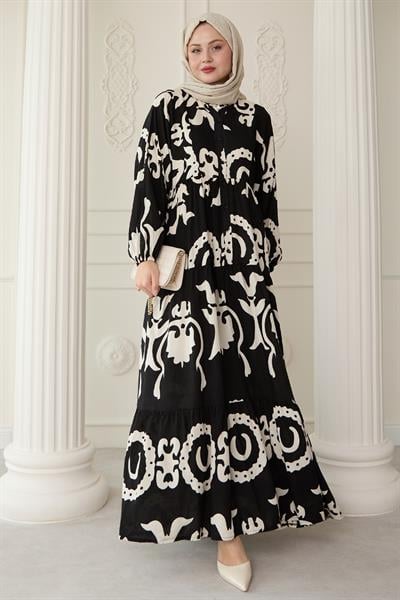 Büyük Zincir Desenli Siyah Elbise