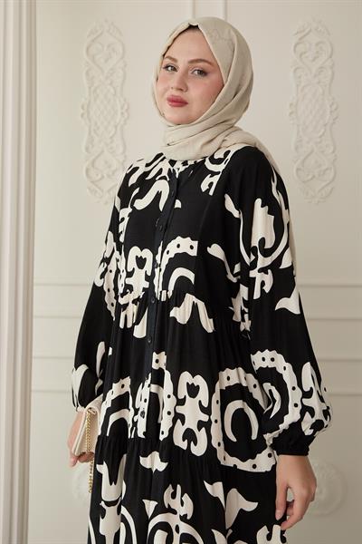 Büyük Zincir Desenli Siyah Elbise