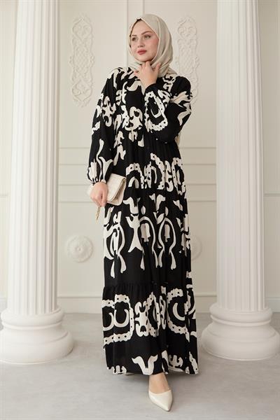 Büyük Zincir Desenli Siyah Elbise