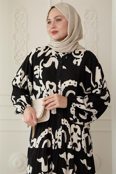 Büyük Zincir Desenli Siyah Elbise