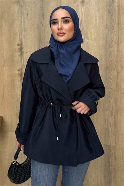 Büzgü Bağcıklı Astarlı Lacivert Kısa Trençkot
