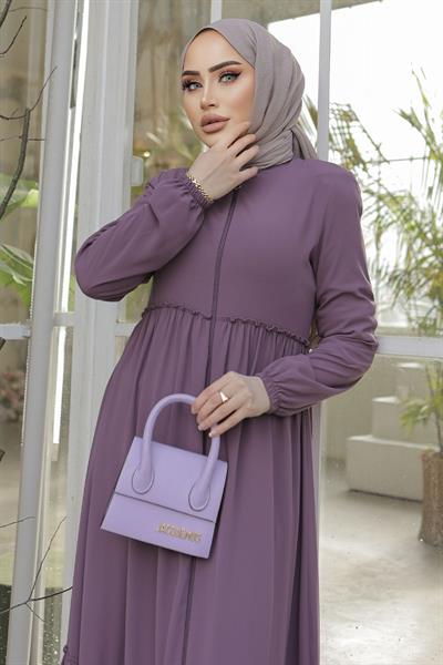 Büzgü Detay Fermuarlı Gül Kurusu Ferace