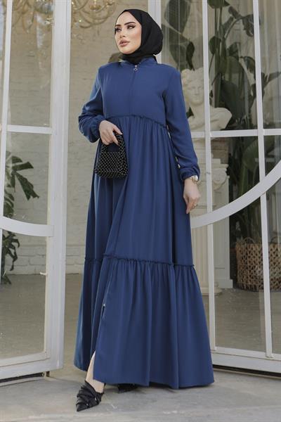 Büzgü Detay Fermuarlı İndigo Ferace