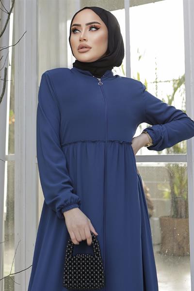 Büzgü Detay Fermuarlı İndigo Ferace