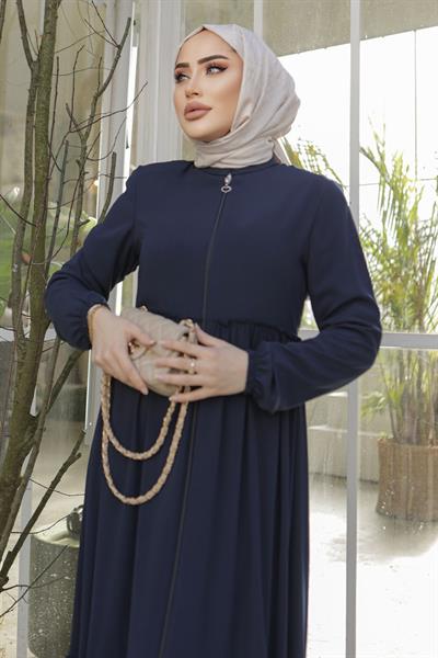 Büzgü Detay Fermuarlı Lacivert Ferace