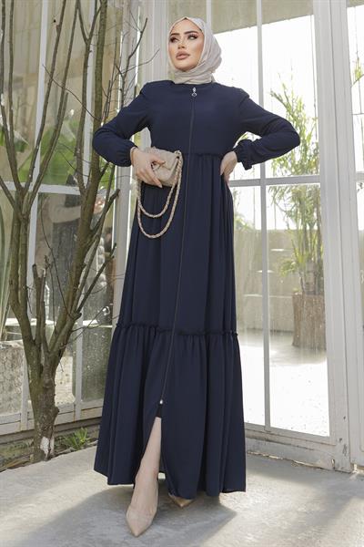 Büzgü Detay Fermuarlı Lacivert Ferace
