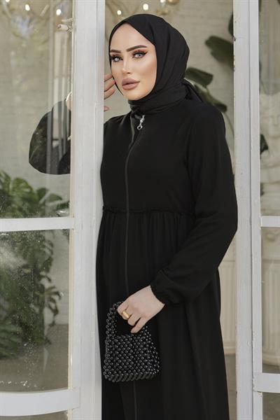 Büzgü Detay Fermuarlı Siyah Ferace