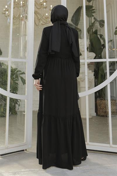 Büzgü Detay Fermuarlı Siyah Ferace