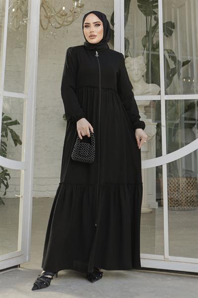 Büzgü Detay Fermuarlı Siyah Ferace