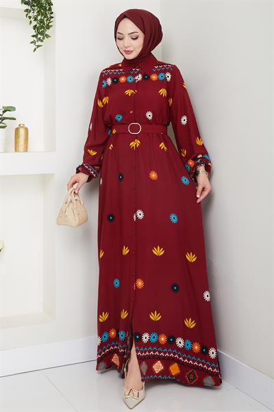 Büzgülü Çiçek Desenli Bordo Viskon Elbise