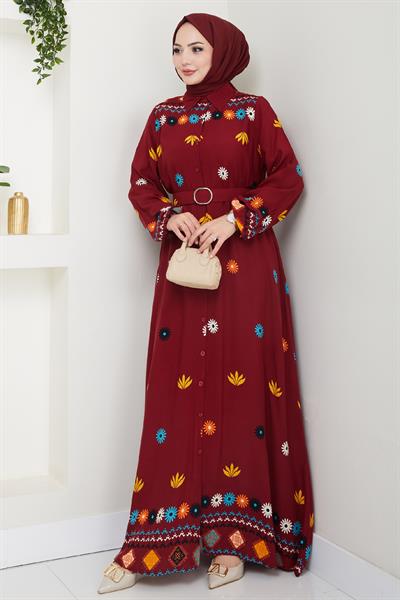 Büzgülü Çiçek Desenli Bordo Viskon Elbise