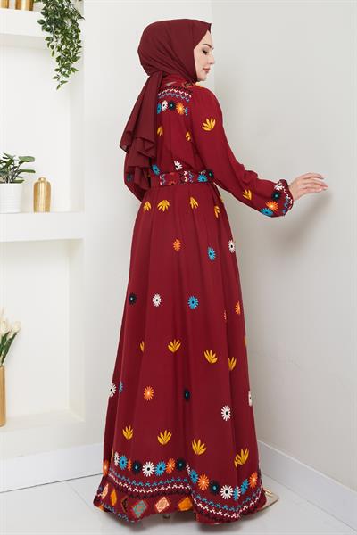 Büzgülü Çiçek Desenli Bordo Viskon Elbise