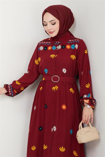 Büzgülü Çiçek Desenli Bordo Viskon Elbise
