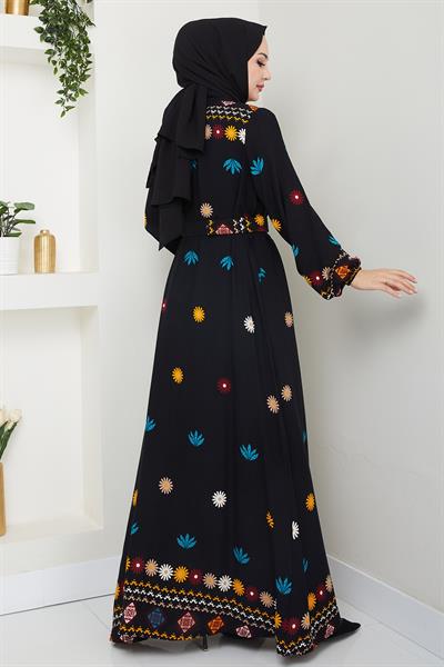 Büzgülü Çiçek Desenli Siyah Viskon Elbise