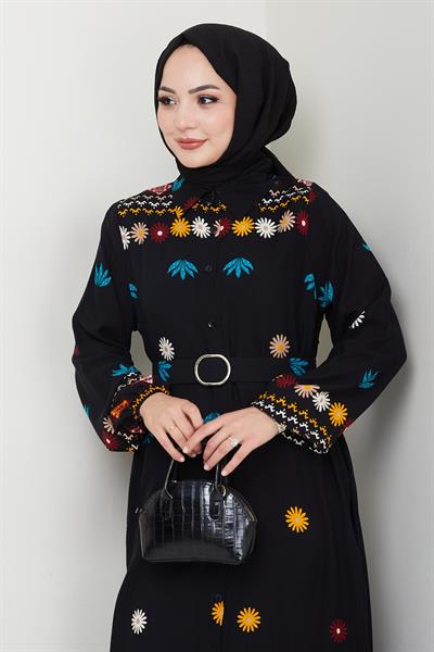 Büzgülü Çiçek Desenli Siyah Viskon Elbise