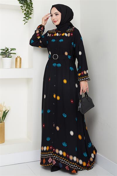 Büzgülü Çiçek Desenli Siyah Viskon Elbise