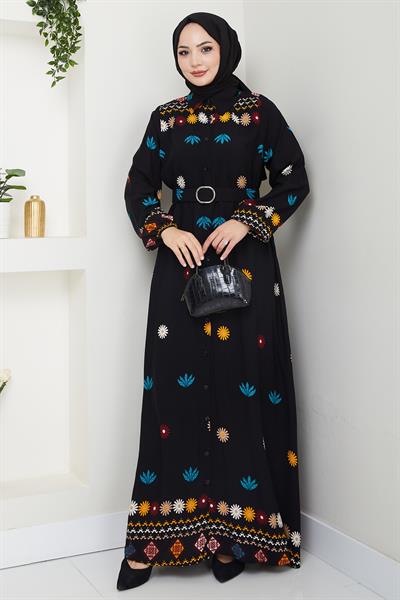 Büzgülü Çiçek Desenli Siyah Viskon Elbise