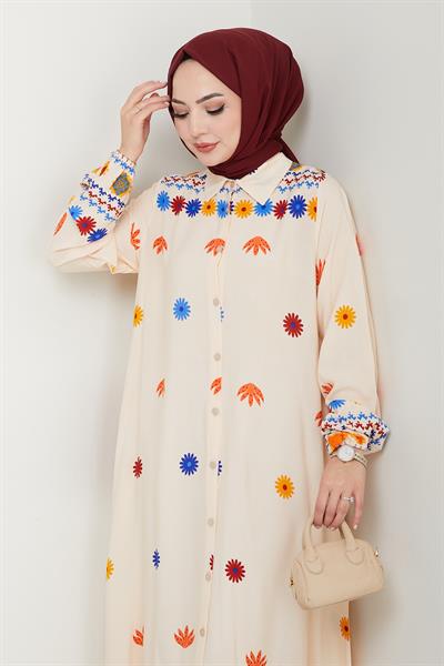 Büzgülü Çiçek Desenli Taş Viskon Elbise