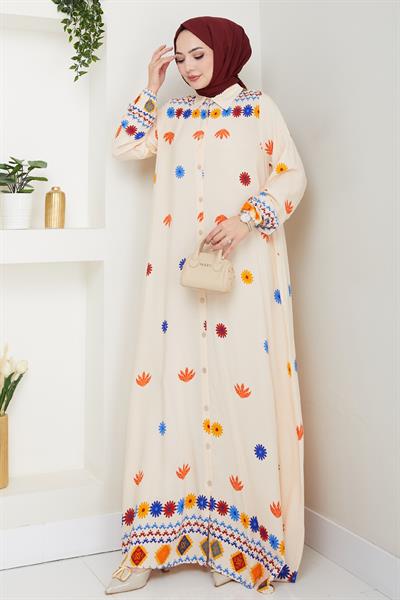 Büzgülü Çiçek Desenli Taş Viskon Elbise