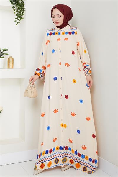 Büzgülü Çiçek Desenli Taş Viskon Elbise