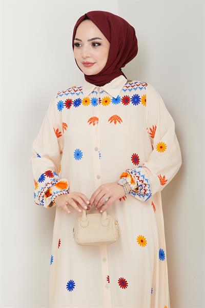 Büzgülü Çiçek Desenli Taş Viskon Elbise