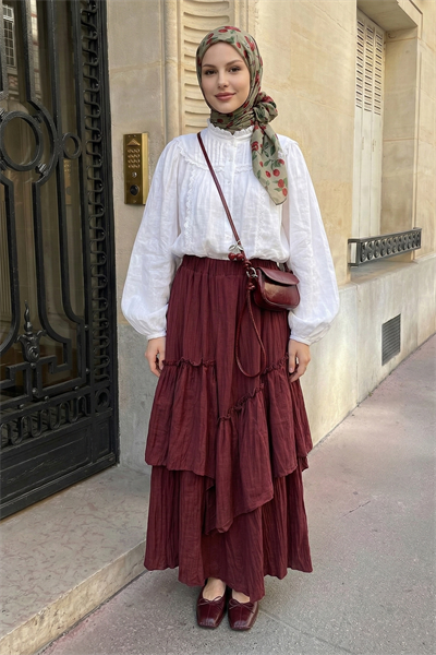 Büzgülü Kat Kat Bordo Vual Etek